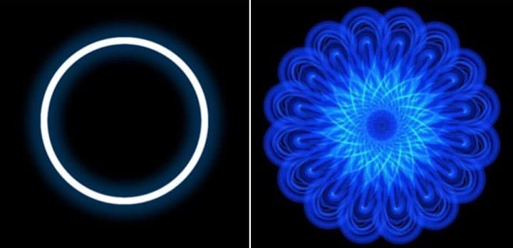 A split-screen image showing a simple white circle on the left and a complex, glowing blue mandala-like pattern on the right, both set against a black background. The image is used as a humorous visual metaphor for the progression from a basic state to an elaborate one after a single experience.
