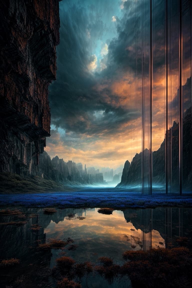 A digital fantasy landscape featuring a serene, reflective lake surrounded by towering cliffs and a dramatic, colorful sky. Thin, vertical light beams descend from the clouds on the right side of the scene, illuminating the misty valley floor.