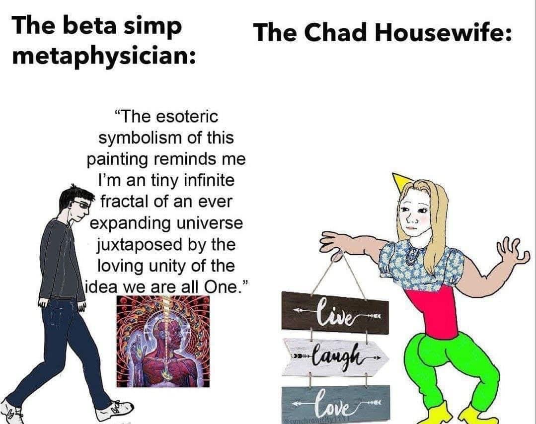 A two-panel internet meme comparing a 'beta simp metaphysician' and a 'Chad Housewife.' The left panel shows a man walking past a quote about esoteric symbolism and fractals, while the right panel shows a muscular woman in a party hat holding a 'Live Laugh Love' sign.