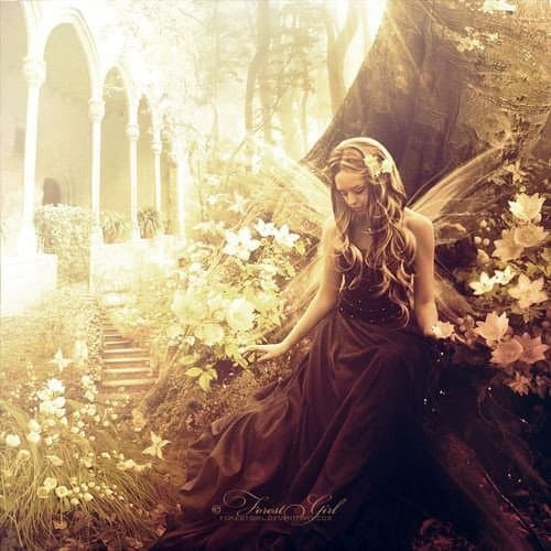 A fantasy-themed digital artwork depicting a woman with fairy wings and a flower in her hair, wearing a long dark dress, sitting in a sunlit garden with white flowers and an arched stone structure in the background. The image has a warm, golden color palette and a soft, ethereal quality. A watermark reading 'Frost Girl' is visible at the bottom center.