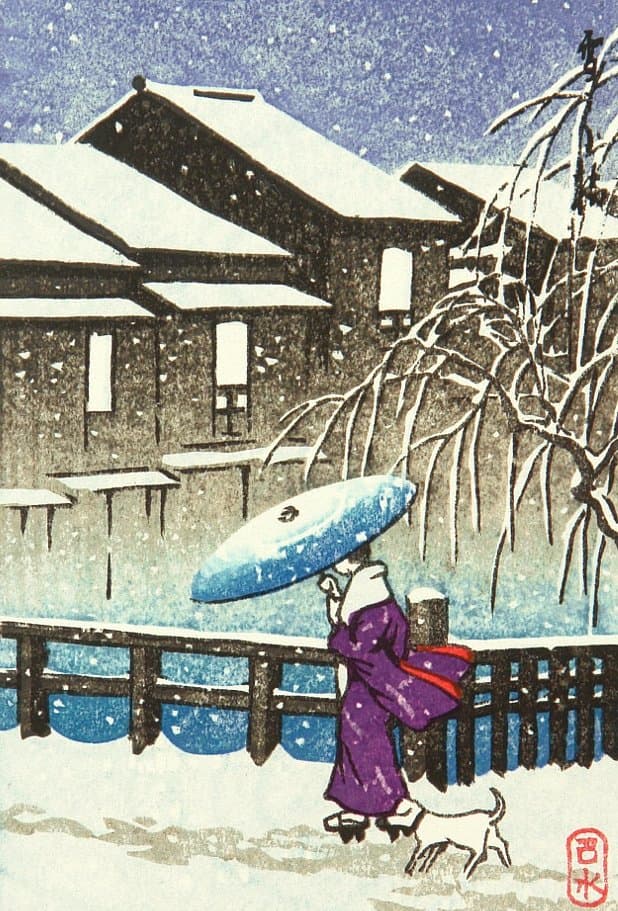 A Japanese woodblock print depicting a figure in a purple kimono holding a blue umbrella and walking a small white dog through a snowy landscape. The scene includes a traditional building with snow-covered roofs and a willow tree in the background.