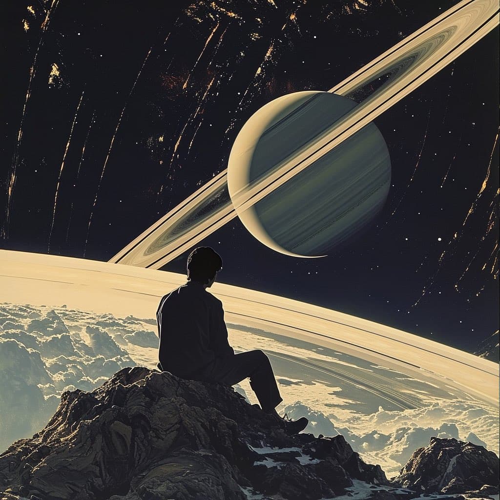 A digital illustration depicting a silhouetted figure sitting on a rocky outcrop, gazing up at a large, ringed planet in a star-filled night sky. The scene is set on a celestial body with a textured, cloud-covered surface below.