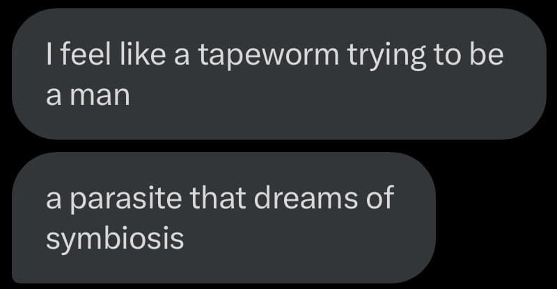 A screenshot of a text message conversation between two people, displayed in dark mode. The messages are in gray speech bubbles on a black background.