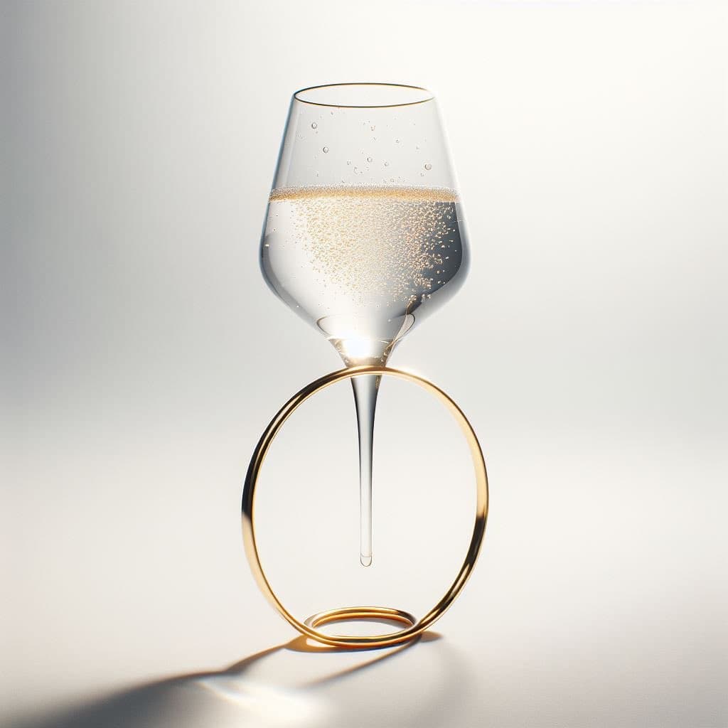 A studio photograph of a modern, stemless wine glass filled with a sparkling beverage, featuring a unique circular gold base that supports the glass. The image is set against a plain, light background with soft lighting and shadows.