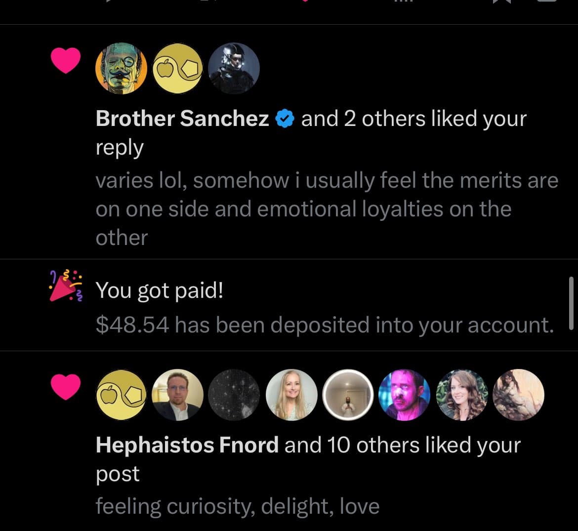 A screenshot of a Twitter/X notifications feed showing a like notification from 'Brother Sanchez', a payment notification, and another like notification from 'Hephaistos Fnord'.