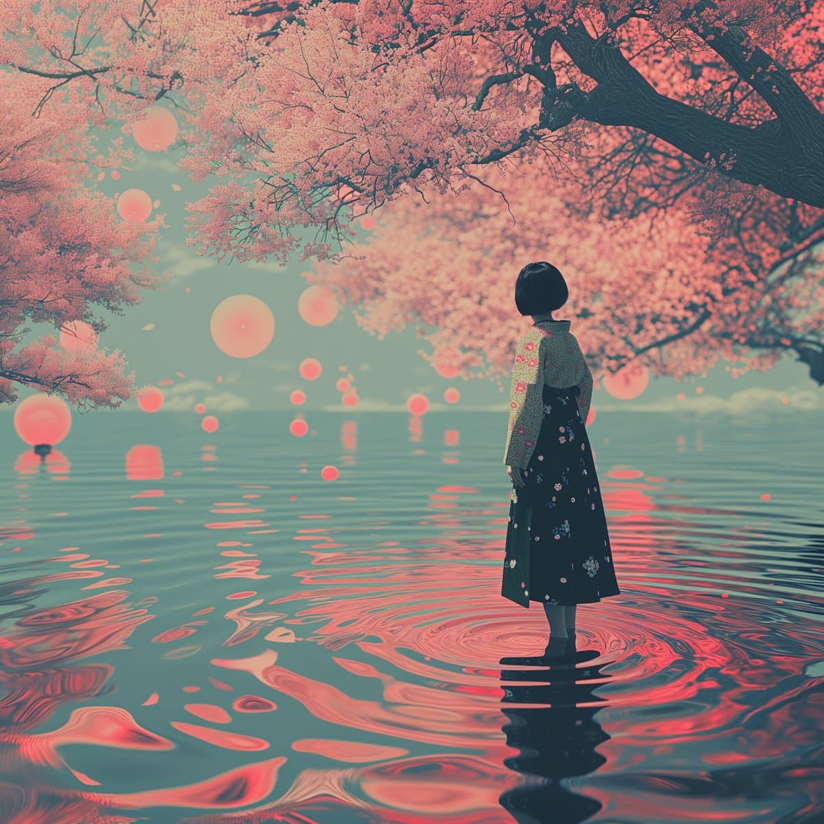 A digital illustration of a person with short dark hair standing in calm water beneath a large, blooming pink cherry blossom tree. The scene features a stylized, dreamlike aesthetic with floating pink orbs and vibrant reflections on the water's surface.