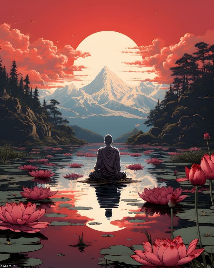 A digital illustration depicts a person in a meditative pose sitting on a lotus leaf in a calm lake, surrounded by blooming pink lotus flowers. In the background, a snow-capped mountain rises beneath a large, pale sun and a vibrant red sky filled with clouds.