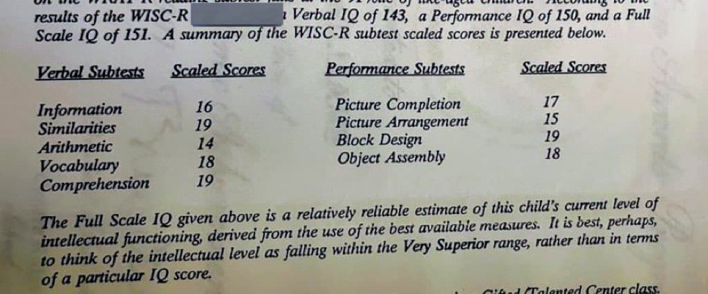 A photograph of a printed document showing a summary of WISC-R (Wechsler Intelligence Scale for Children) test results. The document lists Verbal and Performance subtests with their scaled scores, along with a paragraph interpreting the Full Scale IQ as falling within the 'Very Superior' range.