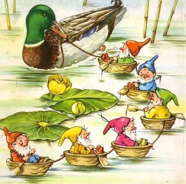 A whimsical illustration depicting a large mallard duck towing a line of six small boats, each carrying a gnome, across a body of water with lily pads.