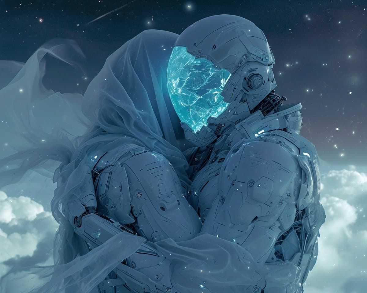 A digital illustration of two humanoid figures in futuristic, white armored suits embracing in a cosmic setting. The figure on the left has a glowing, cracked blue visor and is draped in flowing, translucent fabric, set against a backdrop of stars and clouds.
