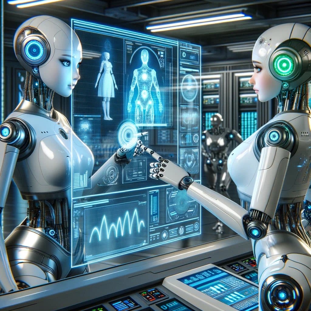 A digital illustration of two humanoid female robots with white and metallic bodies standing in a high-tech laboratory. They are interacting with a large, glowing blue holographic display that shows a wireframe human figure and various data charts.