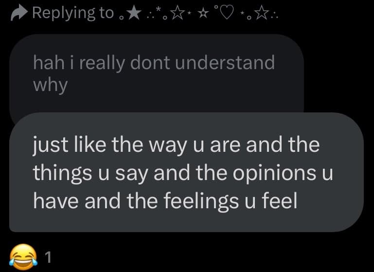 A screenshot of a social media reply thread showing two chat bubbles. The first bubble reads "hah i really dont understand why" and the second, larger bubble reads "just like the way u are and the things u say and the opinions u have and the feelings u feel". Below the bubbles is a laughing-crying emoji and the number 1.