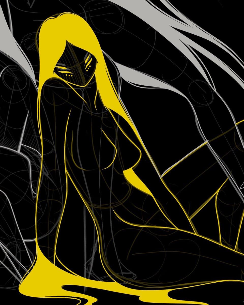 A stylized digital illustration of a figure with long, flowing yellow hair and a black body, depicted in a seated pose against a black background with white sketch lines. The figure's face is obscured by shadow, with only yellow eyes and facial markings visible. The base of the figure appears to melt into a pool of yellow liquid on the ground.