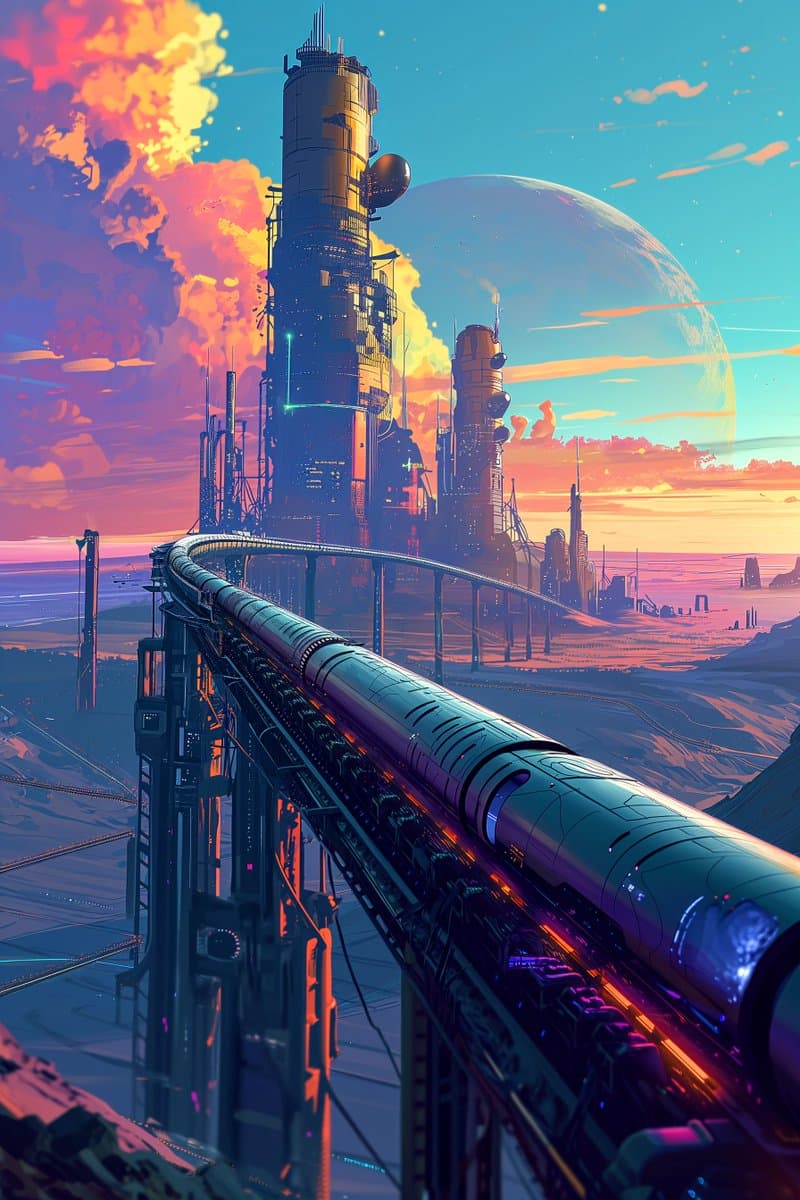 A digital illustration of a futuristic, high-speed train traveling on an elevated track toward a sprawling industrial city at sunrise. The scene features towering smokestacks emitting colorful plumes, a large planet in the sky, and a vibrant, warm color palette.