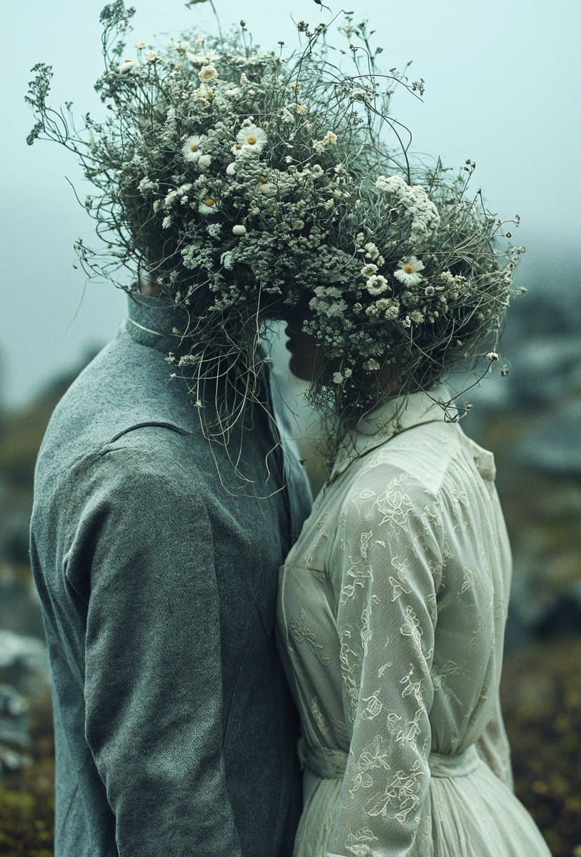 A surreal, artistic photograph of a man and a woman standing close together, their heads and upper bodies completely obscured by a large, dense bouquet of wildflowers and dried stems. The image has a muted, cool color palette and a soft, dreamlike quality.