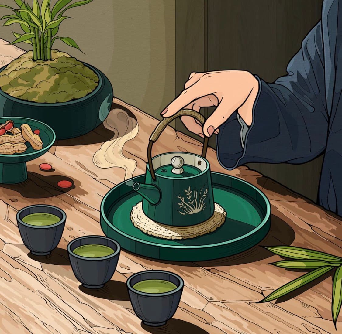 A digital illustration depicting a person's hand lifting the lid of a green teapot on a wooden table, accompanied by three small cups of green tea, a potted bamboo plant, and a plate of peanuts.