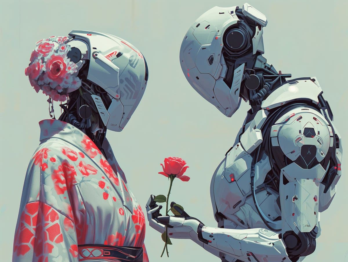 A digital illustration of two humanoid robots facing each other. The robot on the right, with a white armored body, holds a single red rose toward the robot on the left, who is wearing a white and red floral-patterned garment and has a cluster of red roses attached to its head.
