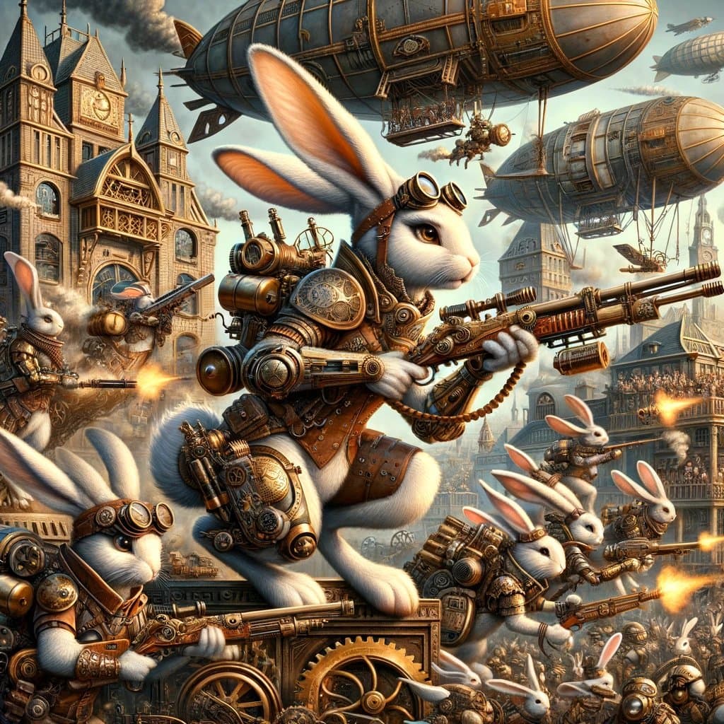 A digital illustration depicting a steampunk battle scene featuring anthropomorphic white rabbits in brass and leather armor, wielding mechanical rifles and surrounded by airships and Victorian-style architecture. The central rabbit wears goggles and a complex mechanical backpack, while other rabbits fire weapons in the background and foreground. The scene is set in a bustling, industrial cityscape with gears and smoke.