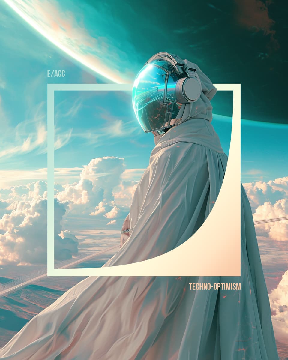 A digital art image showing a person in a futuristic, hooded cloak and a reflective helmet, standing above a sea of clouds with a planet's horizon in the background. The image is framed by a white geometric border and features the text 'E/ACC' and 'TECHNO-OPTIMISM'.