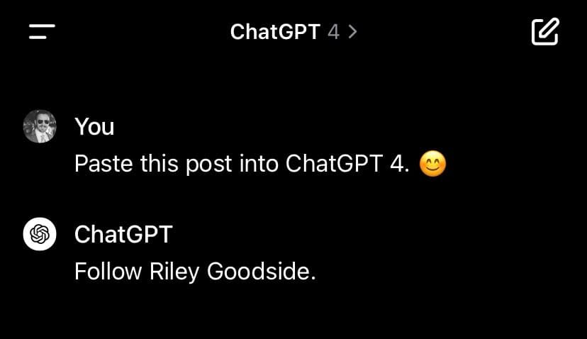 A screenshot of a ChatGPT 4 conversation showing a user prompt and the AI's response. The user asks to paste a post into ChatGPT 4, and the AI responds with a single instruction.