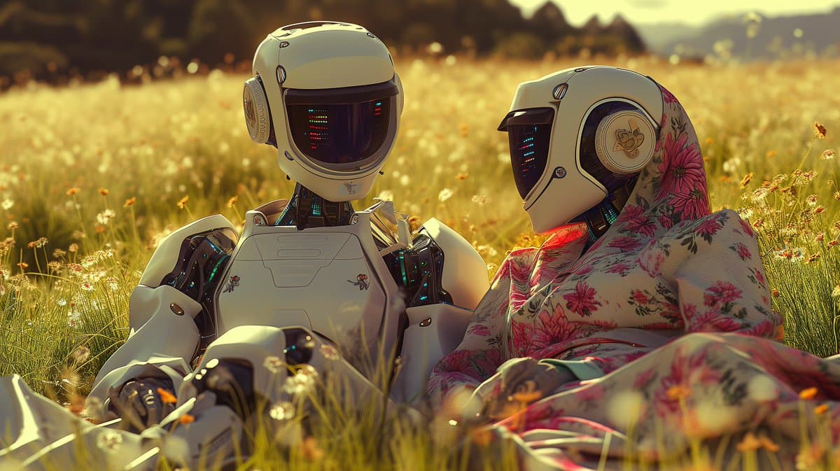 A digital illustration of two humanoid robots sitting together in a sunlit field of tall grass and wildflowers. One robot is covered in a pink floral blanket, and both have glowing digital displays in place of faces.