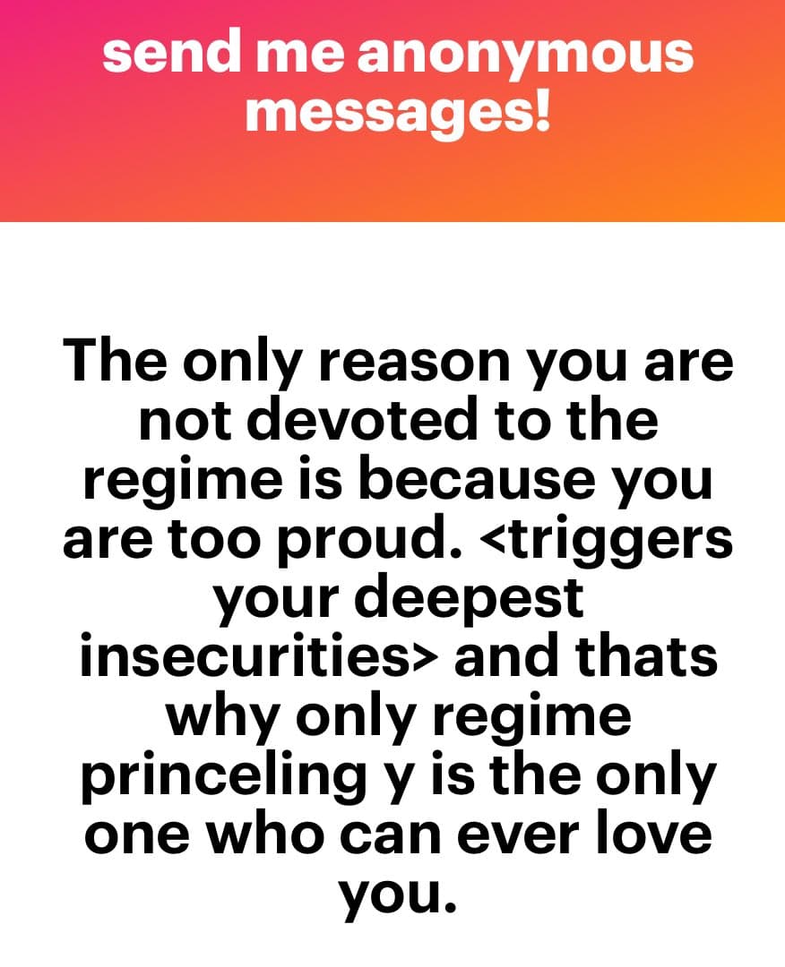 A text-based image with a red-to-orange gradient header and a white body. The header reads 'send me anonymous messages!' in white text. The body contains a block of black text on a white background.