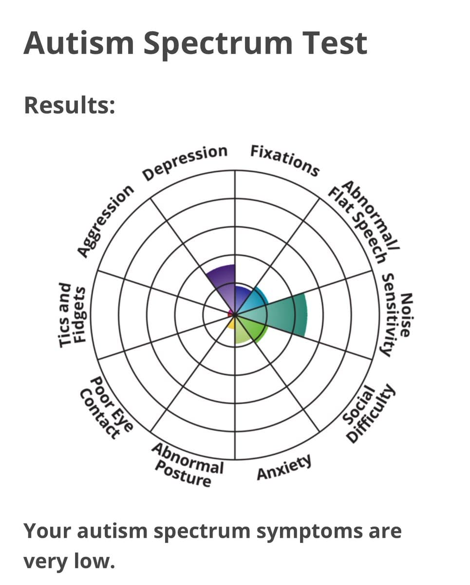 A screenshot of an online 'Autism Spectrum Test' result, featuring a radar chart that plots various symptoms. The chart shows low scores across most categories, with the highest value in 'Noise Sensitivity', and a concluding text stating the user's symptoms are very low.