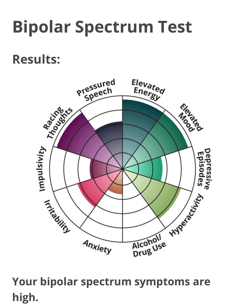 A screenshot of a 'Bipolar Spectrum Test' results page featuring a circular radar chart. The chart displays scores across various symptom categories, and a concluding statement at the bottom reads, 'Your bipolar spectrum symptoms are high.'