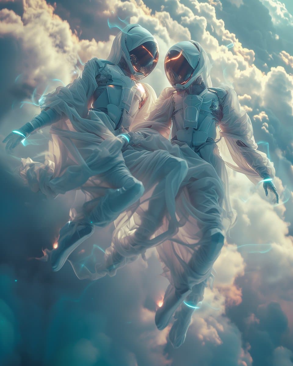 A digital illustration of two figures in futuristic white spacesuits and flowing robes floating together among clouds. The figures wear helmets with reflective visors and are surrounded by wisps of blue light.