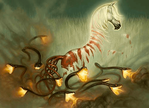 A fantasy digital illustration depicting a white horse with red stripes on its body, whose lower half is composed of multiple glowing, snake-like tentacles emerging from a smoky, misty environment.