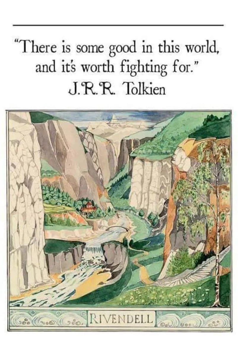 A quote card featuring a J.R.R. Tolkien quote above a watercolor illustration of a river flowing through a rocky, green valley. The illustration is labeled 'RIVENDELL' at the bottom.
