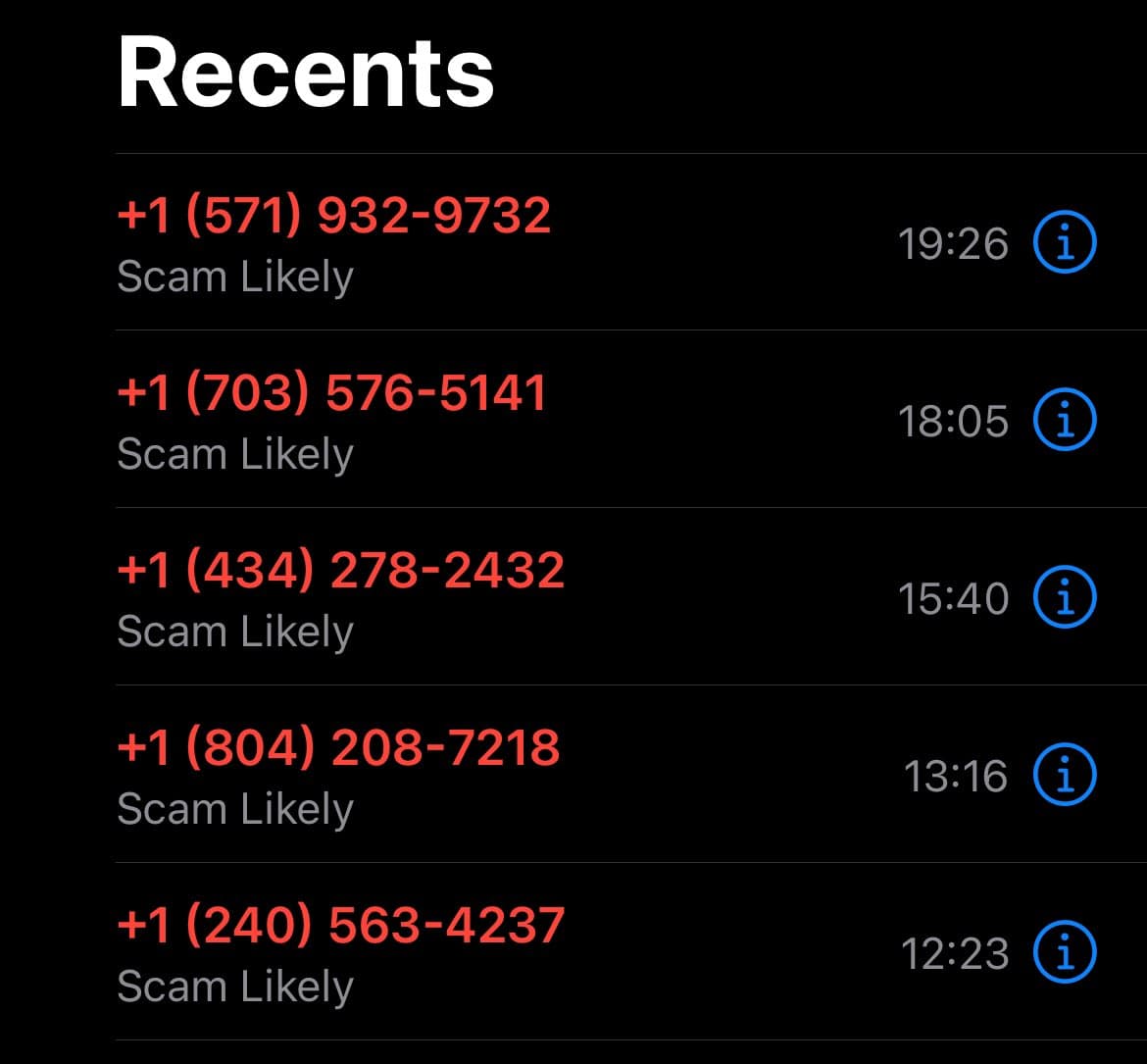 A screenshot of a phone's 'Recents' call log showing a list of five missed calls. Each entry displays a phone number in red text, the label 'Scam Likely' in gray, a timestamp, and an information icon.