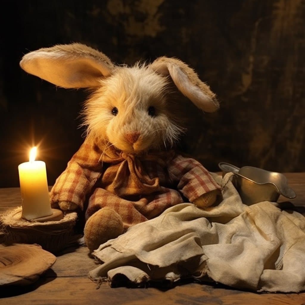 A soft, warm-toned photograph of a plush rabbit dressed in a plaid shirt, sitting on a wooden surface next to a lit candle and a small metal bowl. The scene is dimly lit, creating a cozy and nostalgic atmosphere.