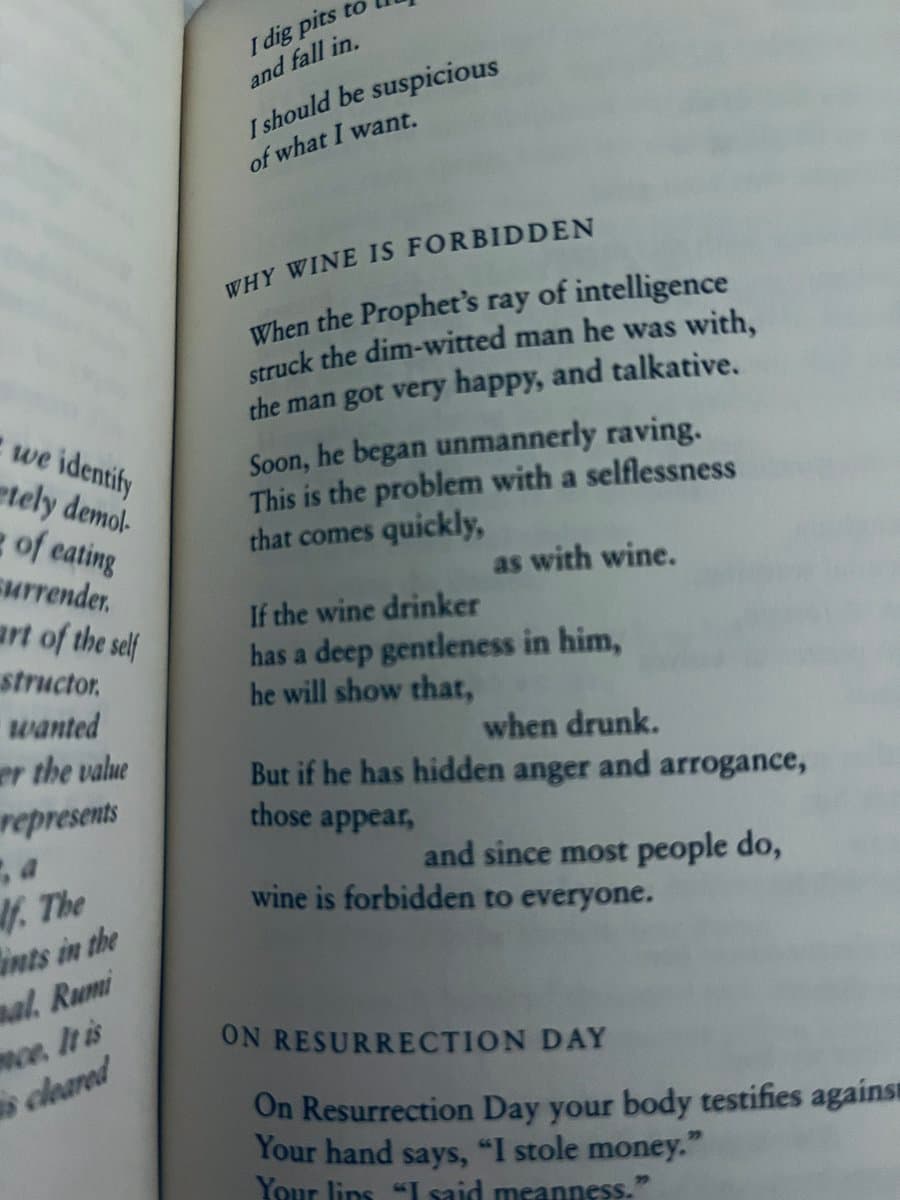A close-up photograph of an open book displaying a poem by Rumi. The page features a section titled "WHY WINE IS FORBIDDEN" and the beginning of a section titled "ON RESURRECTION DAY."