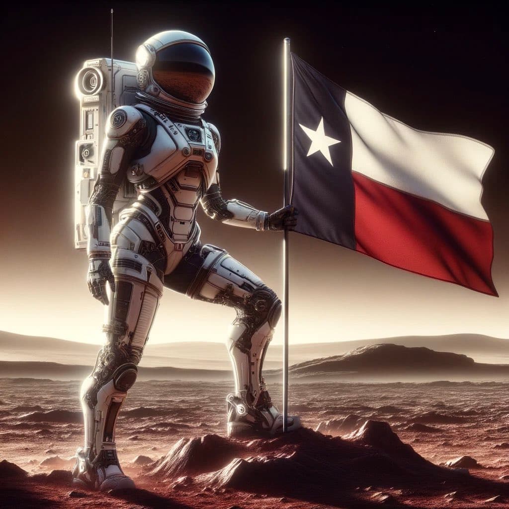 A digital illustration of an astronaut in a white spacesuit standing on a barren, reddish landscape and planting a Texas state flag. The scene is set against a dark sky with a bright light source behind the astronaut.