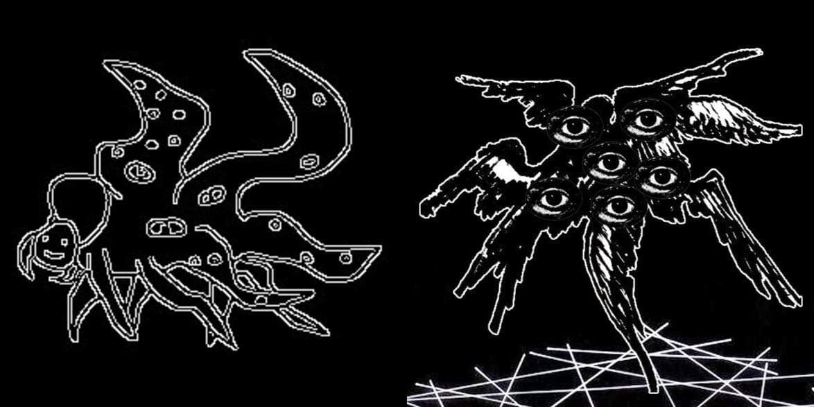 A black-and-white digital illustration featuring two side-by-side figures: a cartoonish character with a smiling face and a multi-eyed, winged creature, both rendered in a white line-art style against a black background.