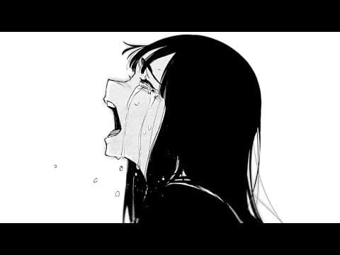 A black-and-white anime-style illustration of a person with long dark hair shown in profile, crying with tears streaming down their face and their mouth open in a wail.