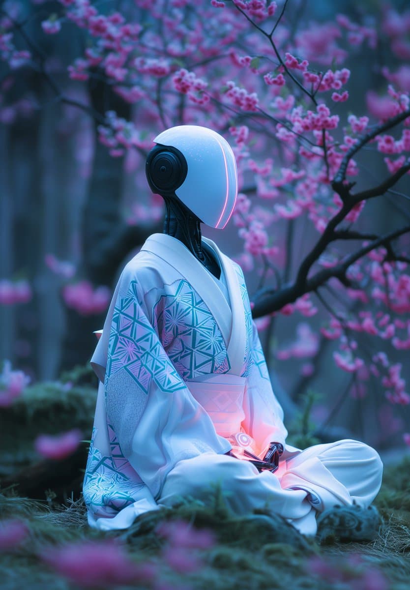 A digital artwork depicting a humanoid robot with a smooth white head and glowing pink accents, dressed in a traditional Japanese kimono with geometric patterns, sitting in a meditative pose beneath blooming pink cherry blossom trees. The scene is set in a serene, misty forest with soft, cool lighting.