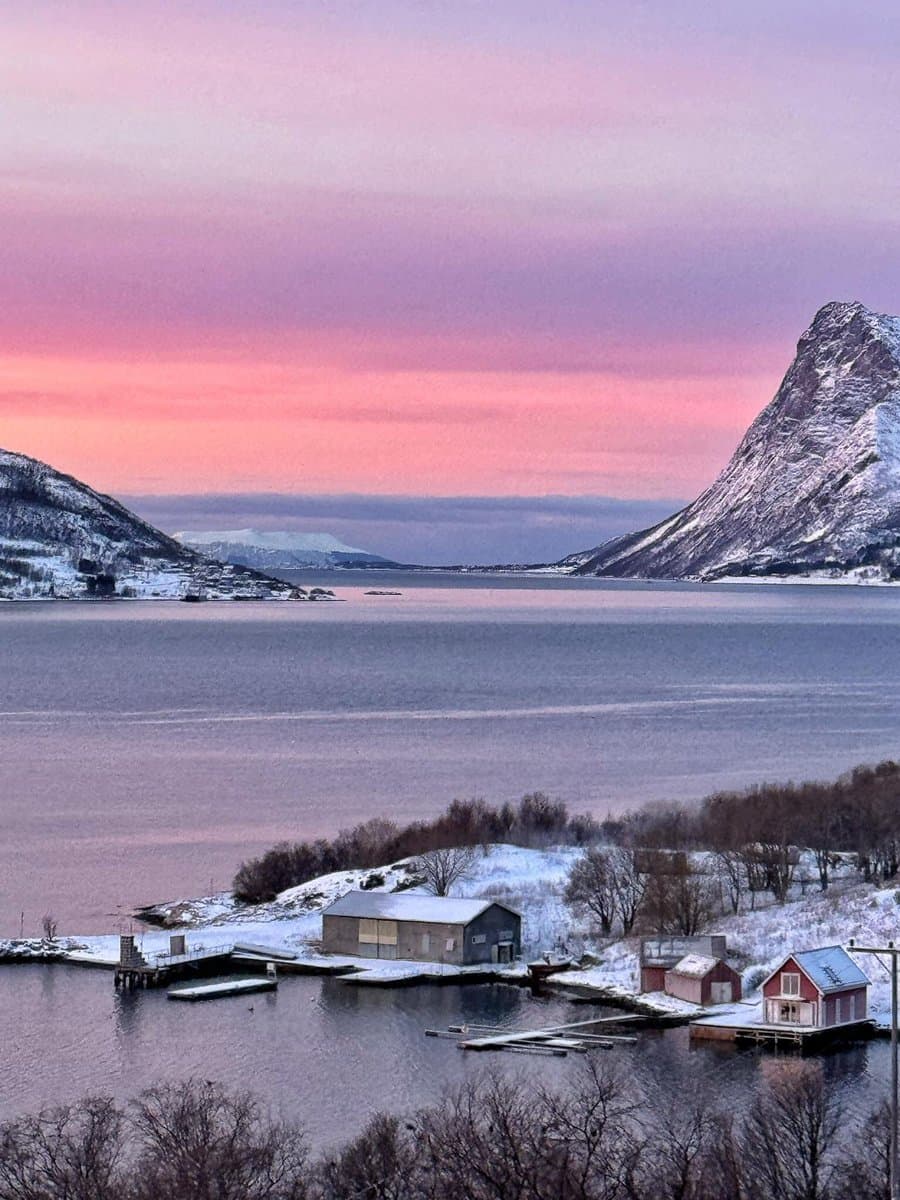 A scenic landscape photograph of a snowy Norwegian fjord at dusk, featuring a pink and purple sky, steep snow-capped mountains, and a small coastal settlement with red and grey buildings on the water.