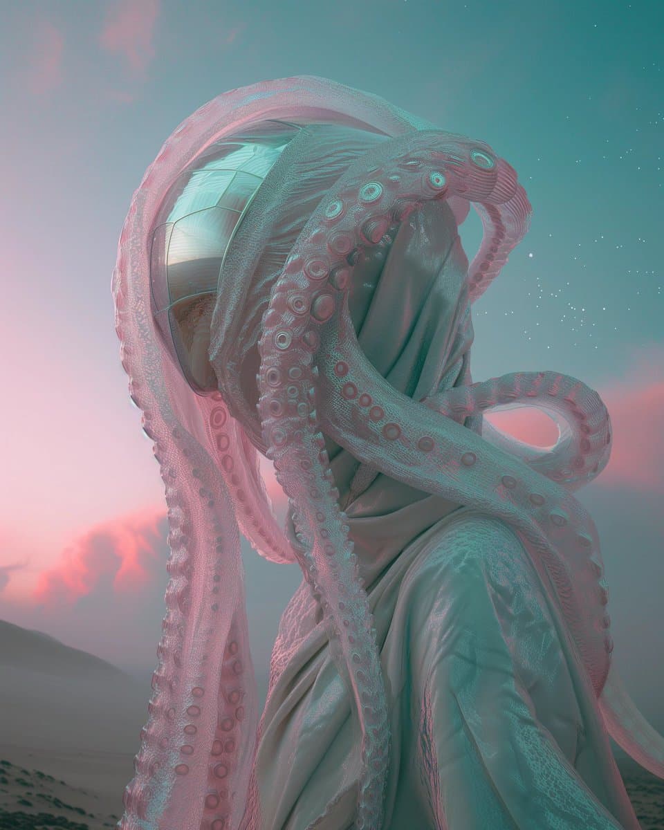 A surreal digital artwork depicting a large, pale, octopus-like creature with multiple tentacles and glowing eyes embracing a figure draped in flowing, light-colored fabric. The scene is set against a pastel sky with pink and teal hues, featuring a large, reflective sphere held within the creature's embrace.