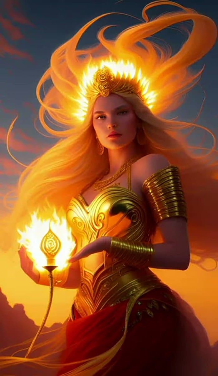 A digital fantasy illustration of a woman with long, flowing blonde hair that appears to be made of fire, wearing ornate golden armor and a crown. She holds a lit torch in her right hand against a warm, sunset-colored sky. The image has a mythological or divine aesthetic.