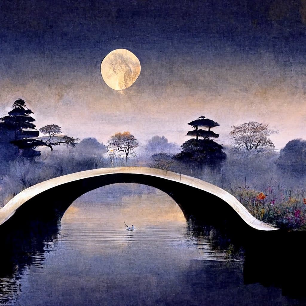 A watercolor-style painting depicts a serene night scene featuring a large, arched stone bridge over a calm body of water. A full moon hangs in the sky above silhouetted trees, and a small boat with a single figure is visible on the water beneath the bridge.