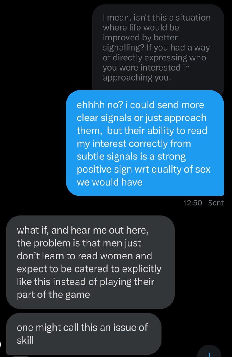 A screenshot of a text message conversation on a mobile phone, showing a discussion about the purpose of subtle flirting and signaling in dating. The messages are displayed in standard chat bubbles against a black background.