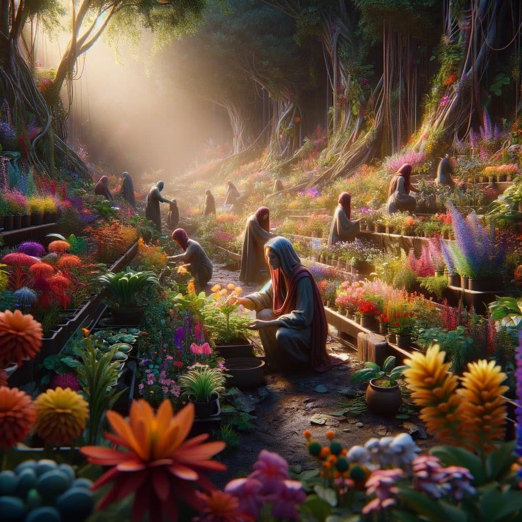 A digital painting depicting a lush, sunlit garden where several robed figures tend to vibrant, colorful flowers and plants. The scene is set in a forested area with large trees and dappled light filtering through the canopy.