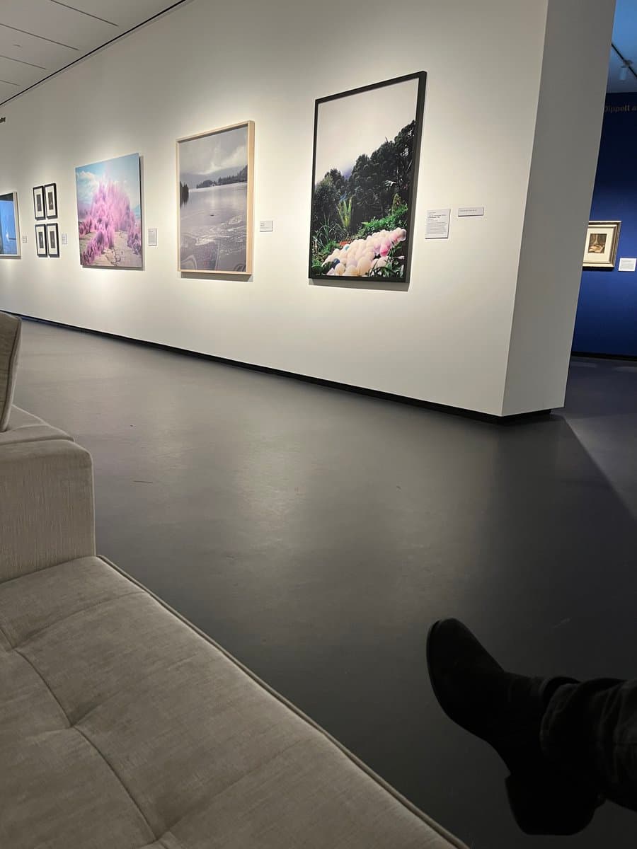 A first-person perspective photo taken inside an art gallery, showing a row of framed landscape and nature photographs hanging on a white wall. In the foreground, a person's legs are resting on a beige sofa, with their black shoes visible in the bottom right corner.