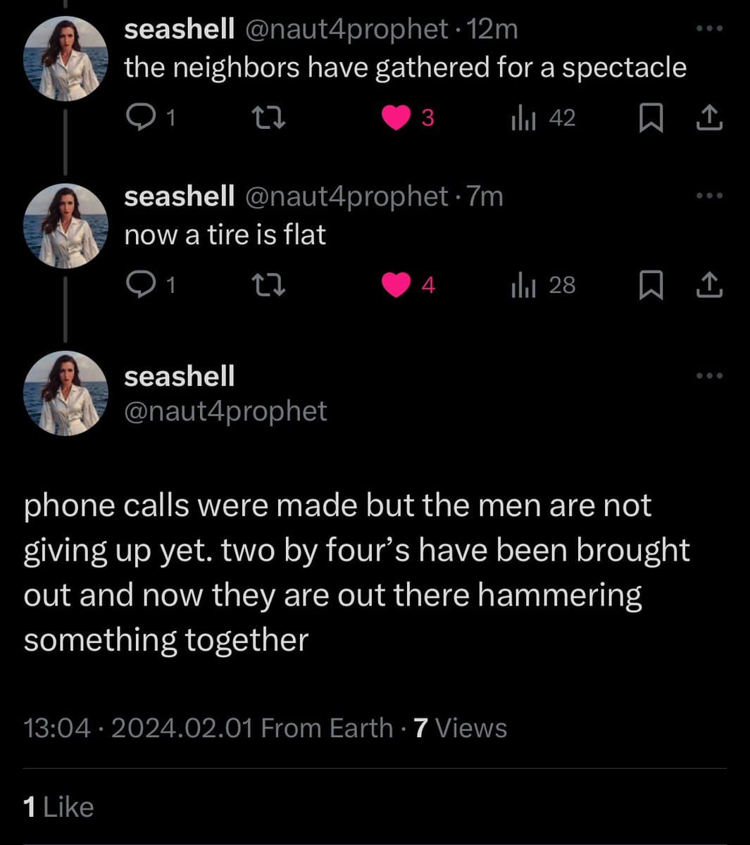 A screenshot of a Twitter thread from the user 'seashell' (@naut4prophet), showing a short narrative about neighbors gathering for a spectacle and then dealing with a flat tire. The main post describes men hammering two-by-fours together after phone calls were made.