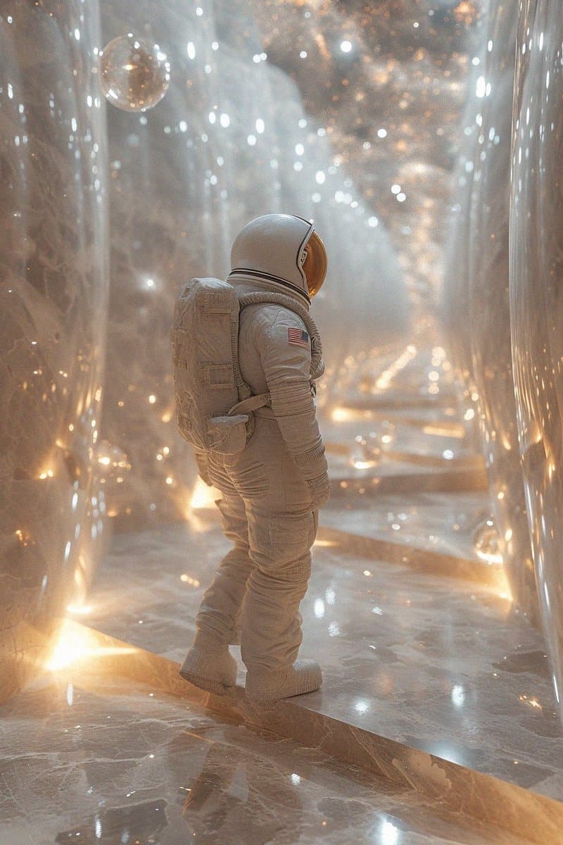 A digital artwork depicting a small astronaut in a white spacesuit standing on a reflective, marble-like surface within a surreal, glowing corridor. The environment is filled with sparkling light particles and floating orbs, creating a dreamlike, ethereal atmosphere.