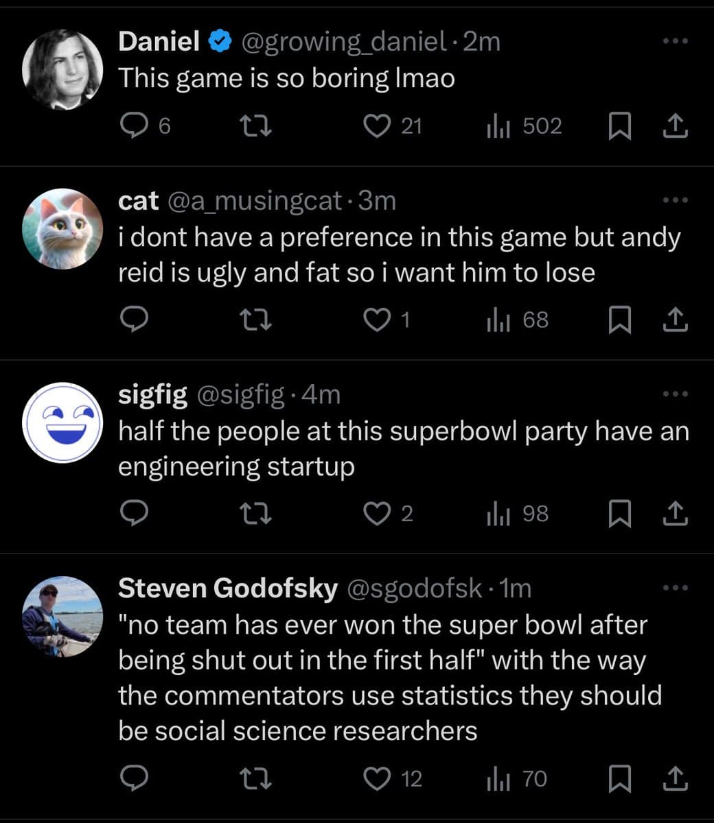 A screenshot of a Twitter thread showing four consecutive posts from different users. The tweets contain humorous and sarcastic comments about watching the Super Bowl, including remarks about the game being boring, a player's appearance, the demographics of a party, and the use of statistics by commentators.