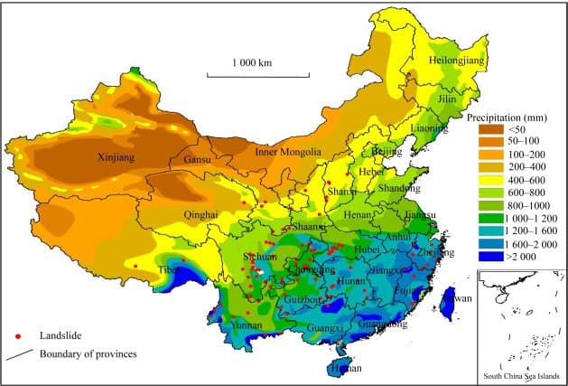 A color-coded map of China showing annual precipitation levels by region, with a legend indicating millimeters of rainfall. Red dots mark landslide locations, and provincial boundaries are outlined.