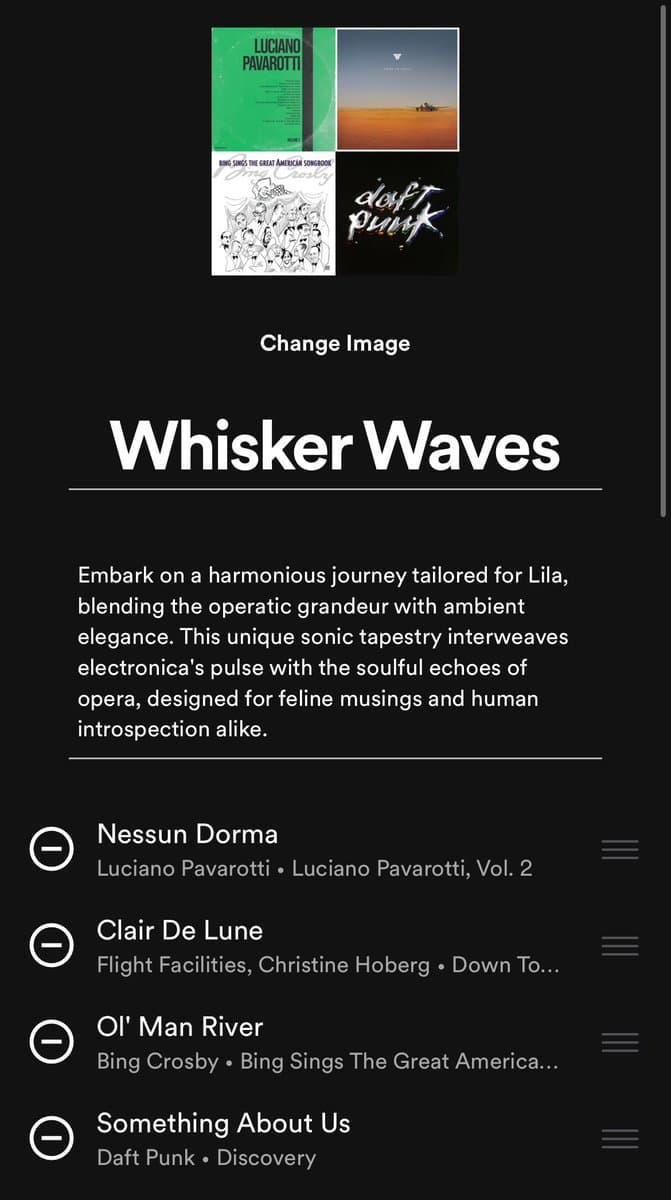A screenshot of a music streaming app displaying a custom playlist titled 'Whisker Waves.' The playlist features a collage of four album covers and includes a description and a tracklist with songs by artists such as Luciano Pavarotti, Flight Facilities, Bing Crosby, and Daft Punk.